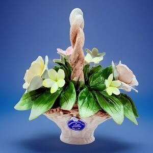 Vintage Italy CAPODIMONTE Flower Basket Italian Porcelain Roses 6" Tall MCM